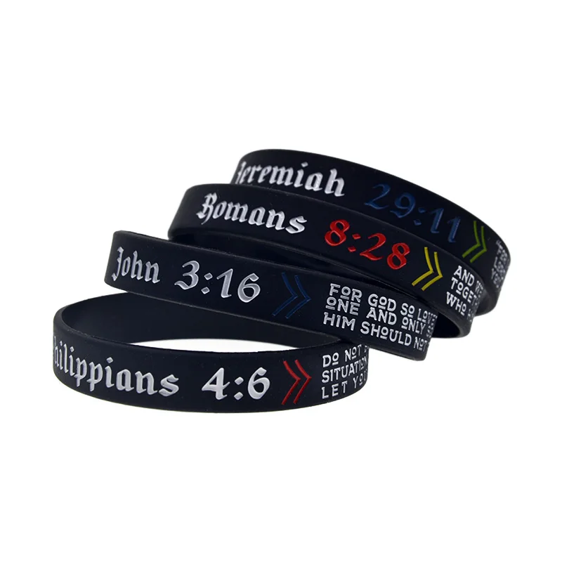 Christian Bible Verse Silicone Wristband John 3:16 Philippians 4:6 Romans 8:28 Jeremiah 29:11 4 Pcs