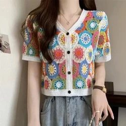 Cranny Rotundity Crochet Button-up Top Short Sleeve Sheer Open-knit Crop Cardigan for Women Teengirl Fairycore Vintage Outfit