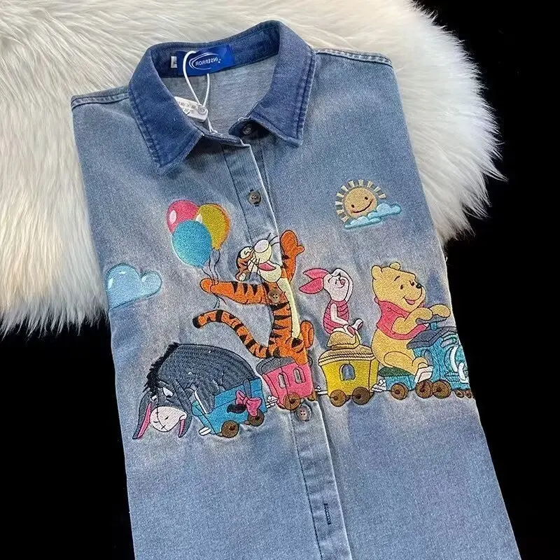 Cartoon Embroidery Wash Denim Short Sleeve Shirt Women Summer Japanese Retro Lapel Half Sleeve Shirts Fashion Loose Casual Tops