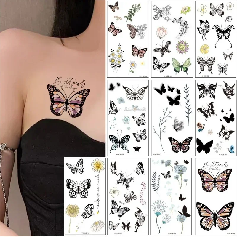 10pcs Butterfly Tattoos for Women Kids Ladies Little Daisy Dandelion Fake Tatoo Wrist Neck Hand Face Ankle Clavicle Party Decor