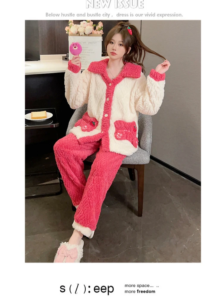 5XL Winter Coral Fleece Thickened Pajamas Women Plus Size Home Clothes Sweet Long Sleeves Loose-fit Loungewear Outside Wear