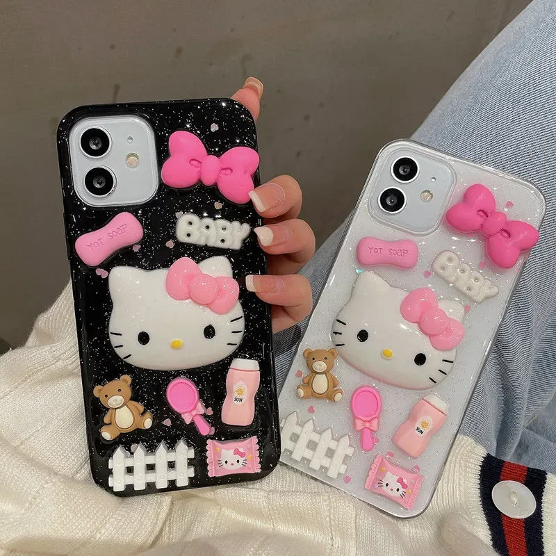 Sanrio Hello Kitty Baby Lovely Bow Phone Cases For iPhone 15 14 13 11 12 Pro Max Pink Girl Luxury Silicone Anti-Fall Back Cover