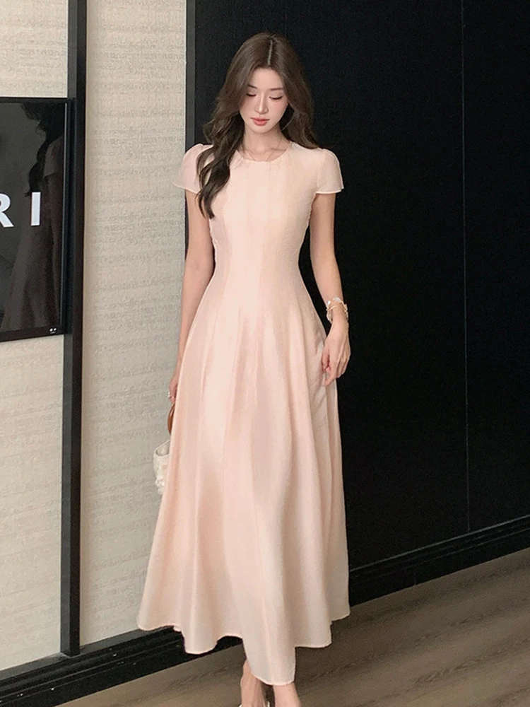 Neues Elegantes Schlichtes Maxikleid Sommer Damen Kurzarm Slim A-Linie Vestidos Robe Arbeit Formell Date Abend Party Geburtstag Alltag