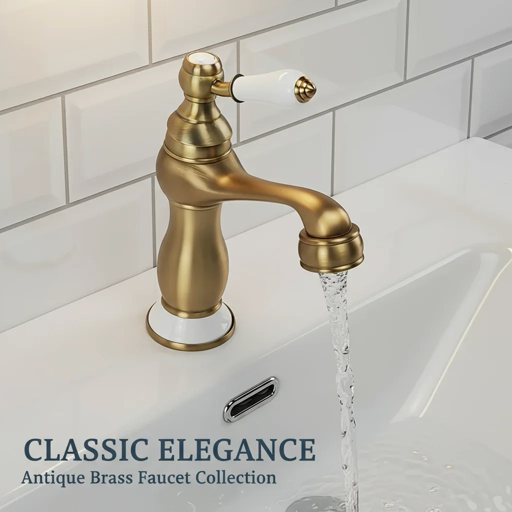 Antique Brushed Bronze Single Handle Bathroom Faucet, Solid Brass Vintage White Ceramic Lever Curved Spout Vanity Basin Tap