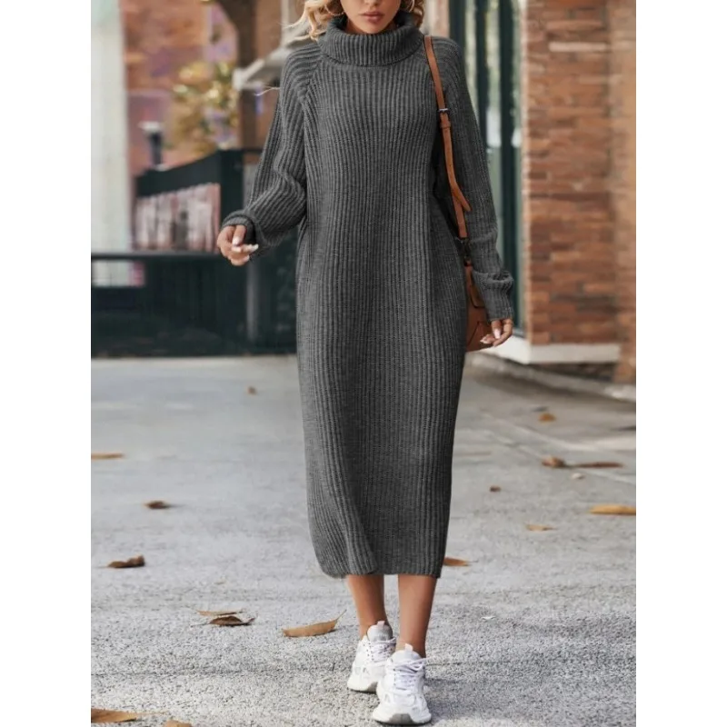 Women Solid Color Loose High Collar A Long Sweater 2023 Autumn Winter New Dress Sweater Women Long Sleeve Knitted Dress Sweater