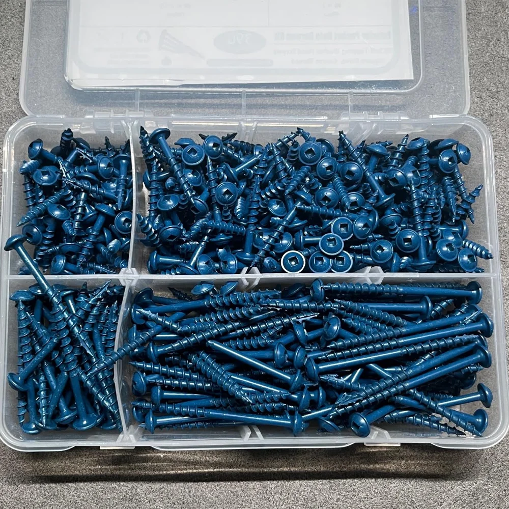 

390Pcs Coarse Thread Wood Screws with Square Drive Self Tapping Screws with Drive Bit #8 x 1 1-1/4", 2" 2-1/2" Blue Coated Screw