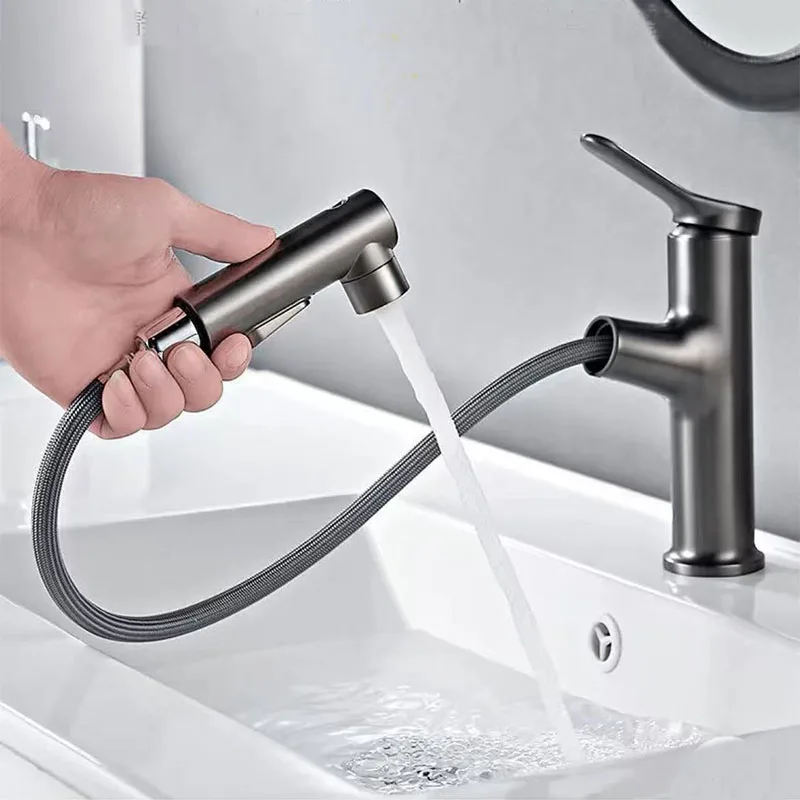 Pull-out Bathroom Basin Faucet Brass Faucet Hot and Cold Water Mixer Water Tap Single Hole For Bathroom Sinks Taps