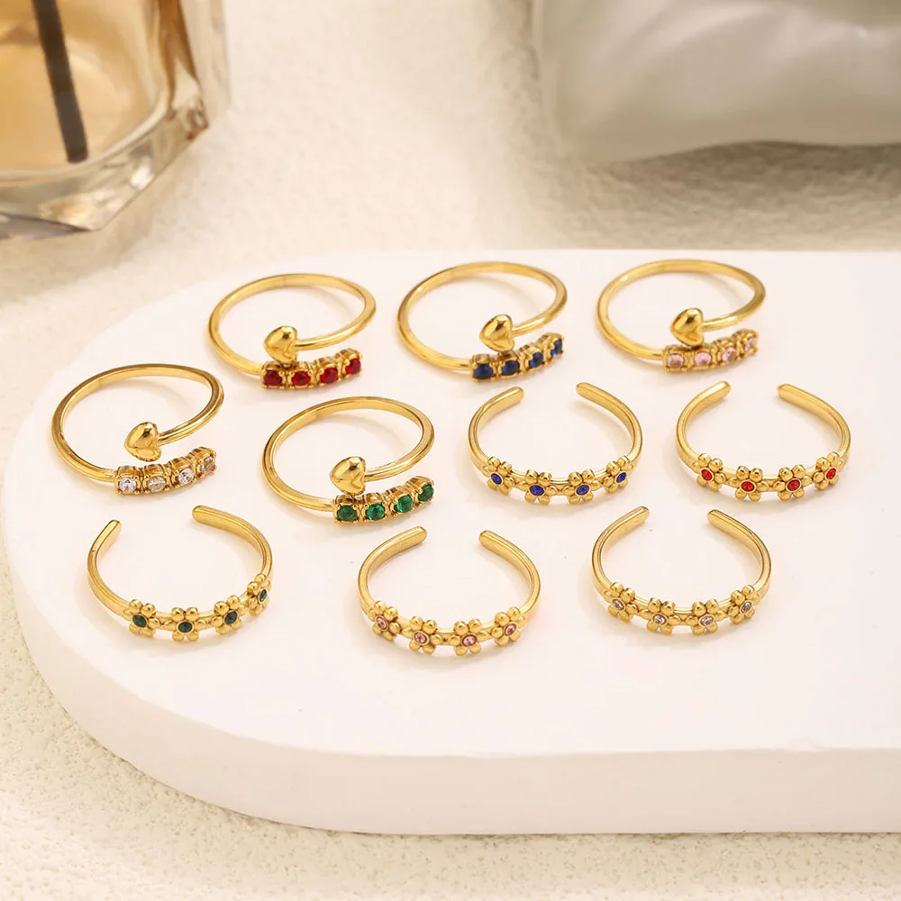 1 Stück Vergoldeter Edelstahlring für Frauen Bunter Zirkon Blumen-Herz Dünner Ring Stapelbarer Fingerschmuck Tägliches Tragen – Detail 4