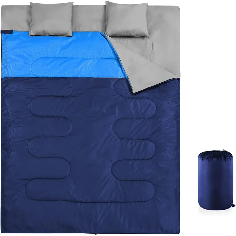！@Warm Envelope Hooded Inflatable Double Width Three Season Waterproof Polyester Camping Couple Sleeping Bag for Family