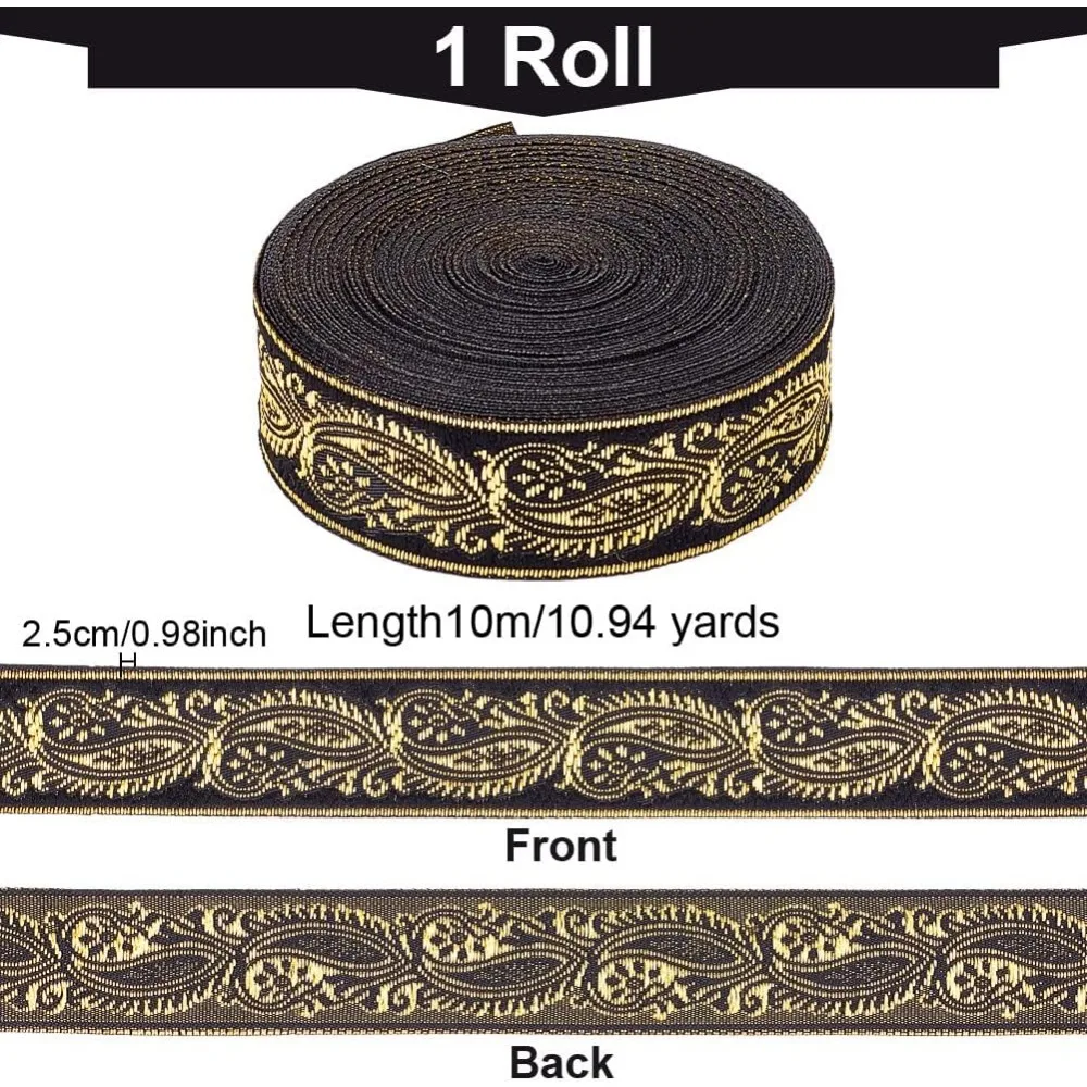 11 Yard Black Vintage Jacquard Ribbon Ethnic Style Floral Woven Trim 1 inch Jacquard Gold Vine on Ribbon Trim for DIY Sewing