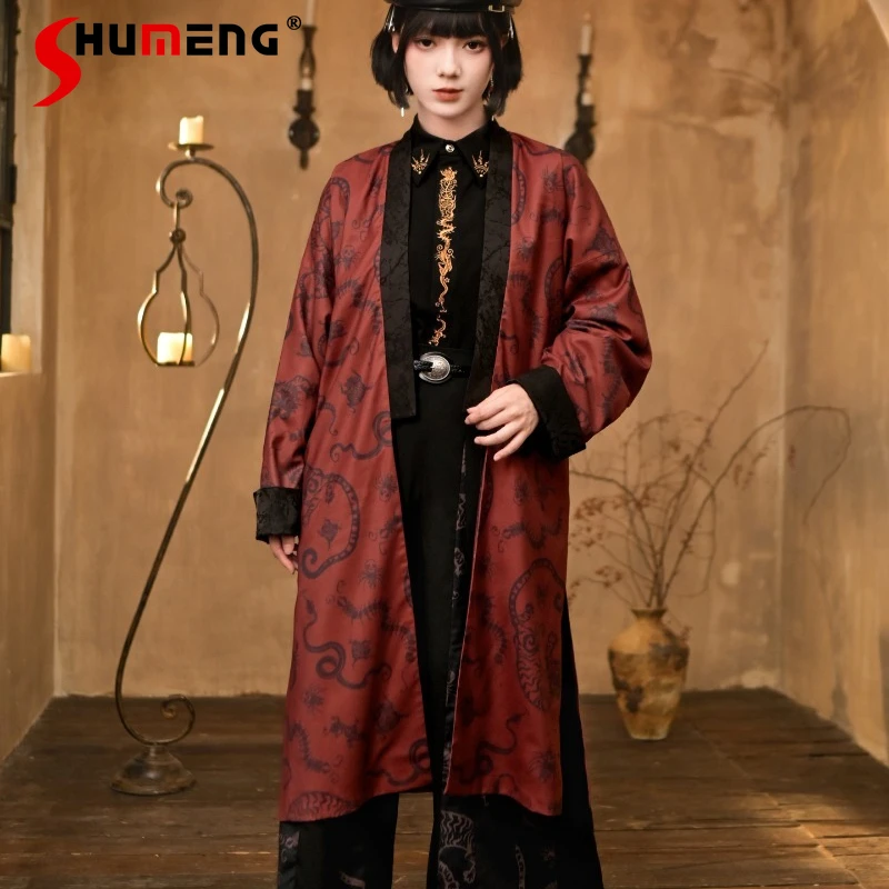 

Длинная улучшенная куртка Cheongsam с национальным принтом черного и красного цвета, новое женское пальто с длинными рукавами в древнем китайском стиле Jaquetas