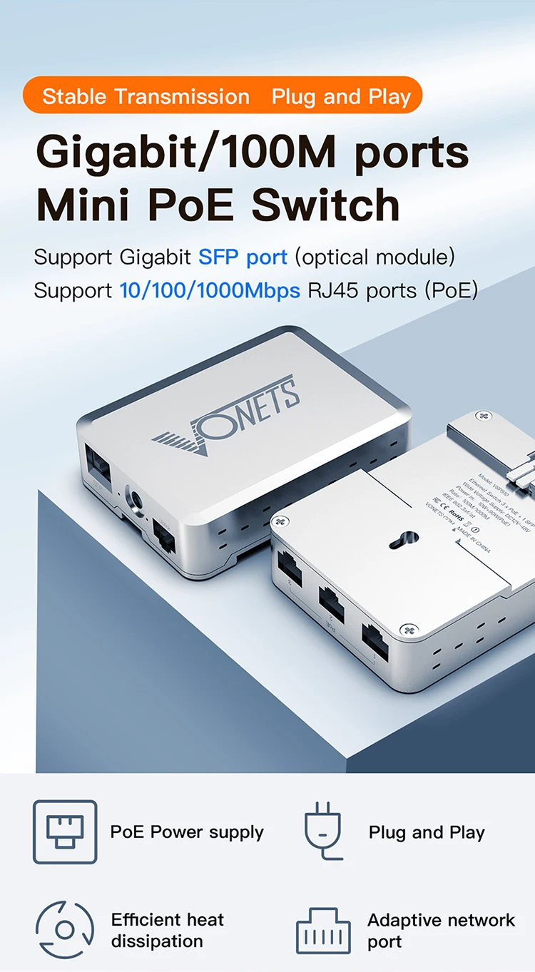 VONETS-conmutador Gigabit Industrial de 1000M, conmutador de red Ethernet de 5 puertos POE, divisor Ethernet Plug & Play, Metal VSP510