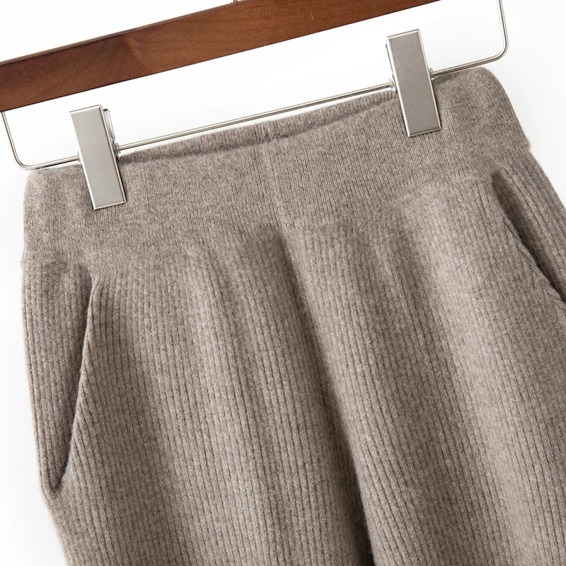 Chic Women Wide Leg Pants 100% Merino Wool Knitted Trousers Autumn Winter Casual Style Thick Warm Wool Knitting Striped Pants