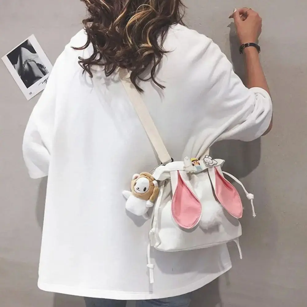 Estilo coreano simples Canvas Crossbody Bag, elegante ombro Messenger Bag, Drawstring Coelho Orelhas