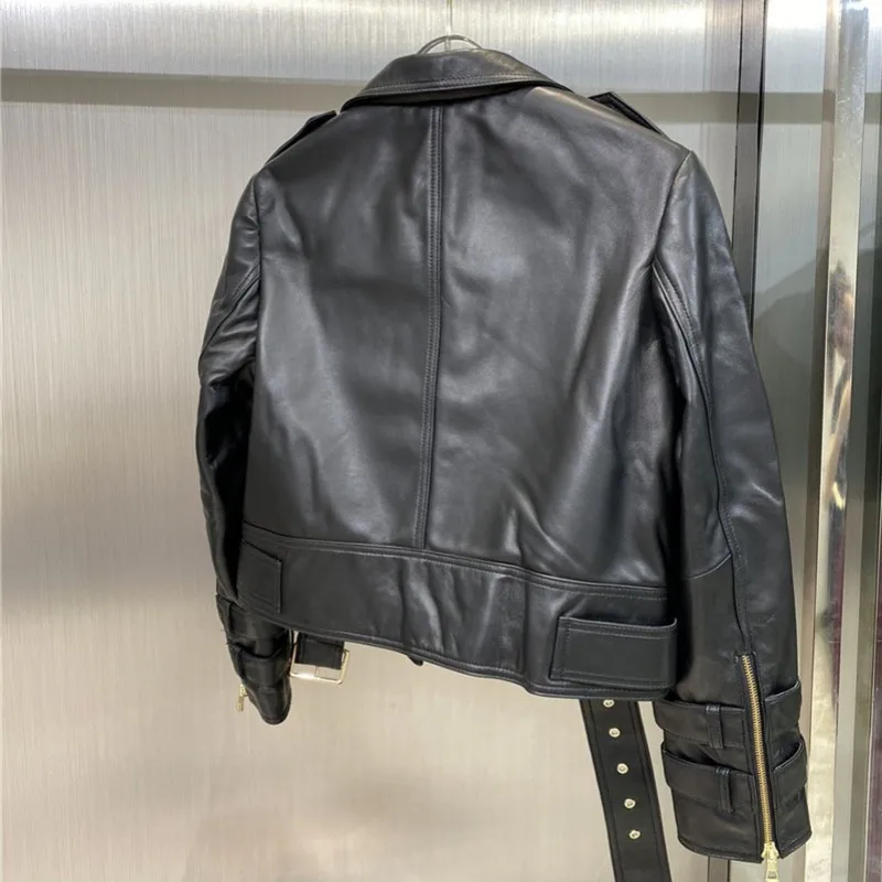 2023 vendita calda Brand Design donna autunno nero giacche in vera pelle cerniera cappotto di base doppio petto pelle di pecora Motor Biker Ja