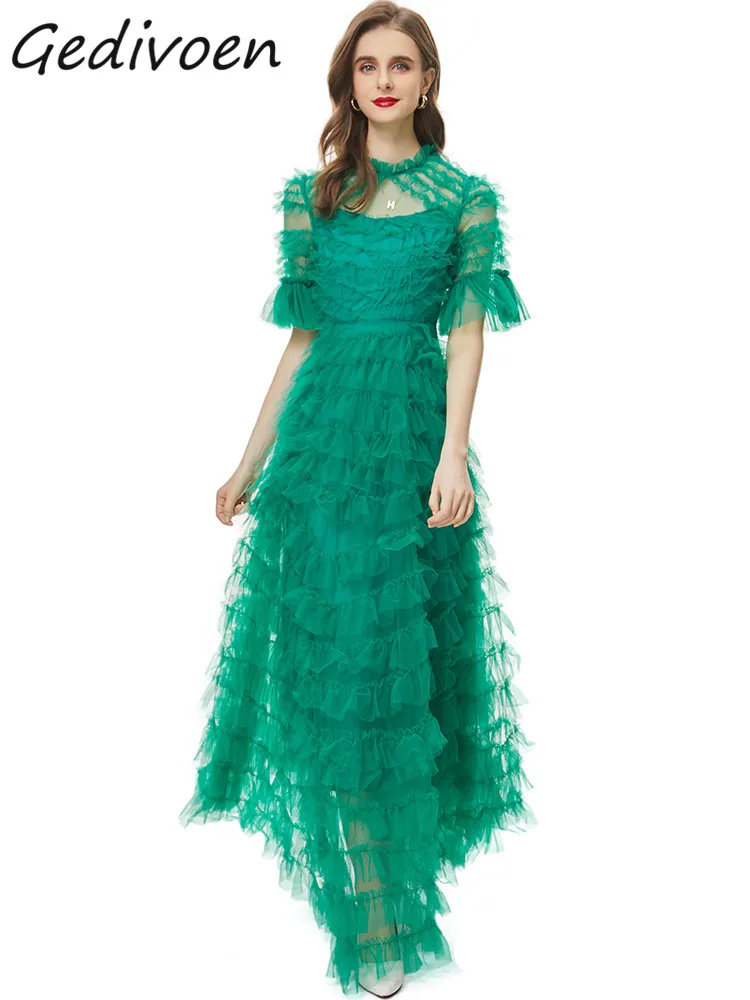 

Gedivoen Autumn Fashion Designer Green Vintage Mesh Dress Women O Neck Short Sleeve Cascading Ruffles High Waist Slim Long Dress