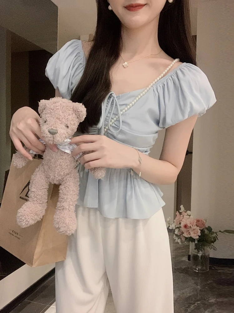 

Новая дизайнерская шифоновая блузка с рукавами-фонариками для женщин, лето 2024, корейский стиль, V-образный вырез, приталенный крой, для узкого круга покупателей