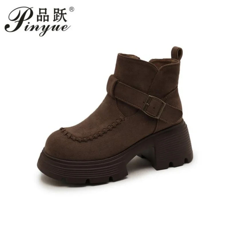 

Женские ботильоны на платформе, замшевая модная обувь на плоской подошве, женская трендовая зимняя дизайнерская прогулочная теплая повседневная обувь Femme Snow Botas 32-40