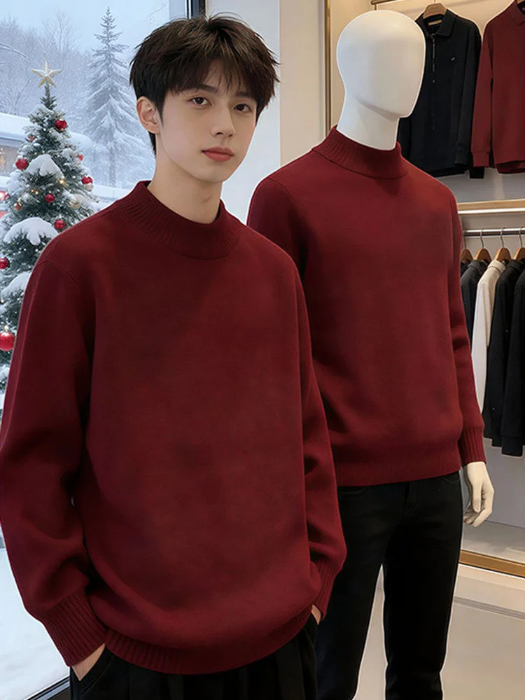 

Винно-красный утепленный вязаный свитер с высоким воротником для мужчин, осенне-зимний, корейский стиль, свободный крой, длинный рукав