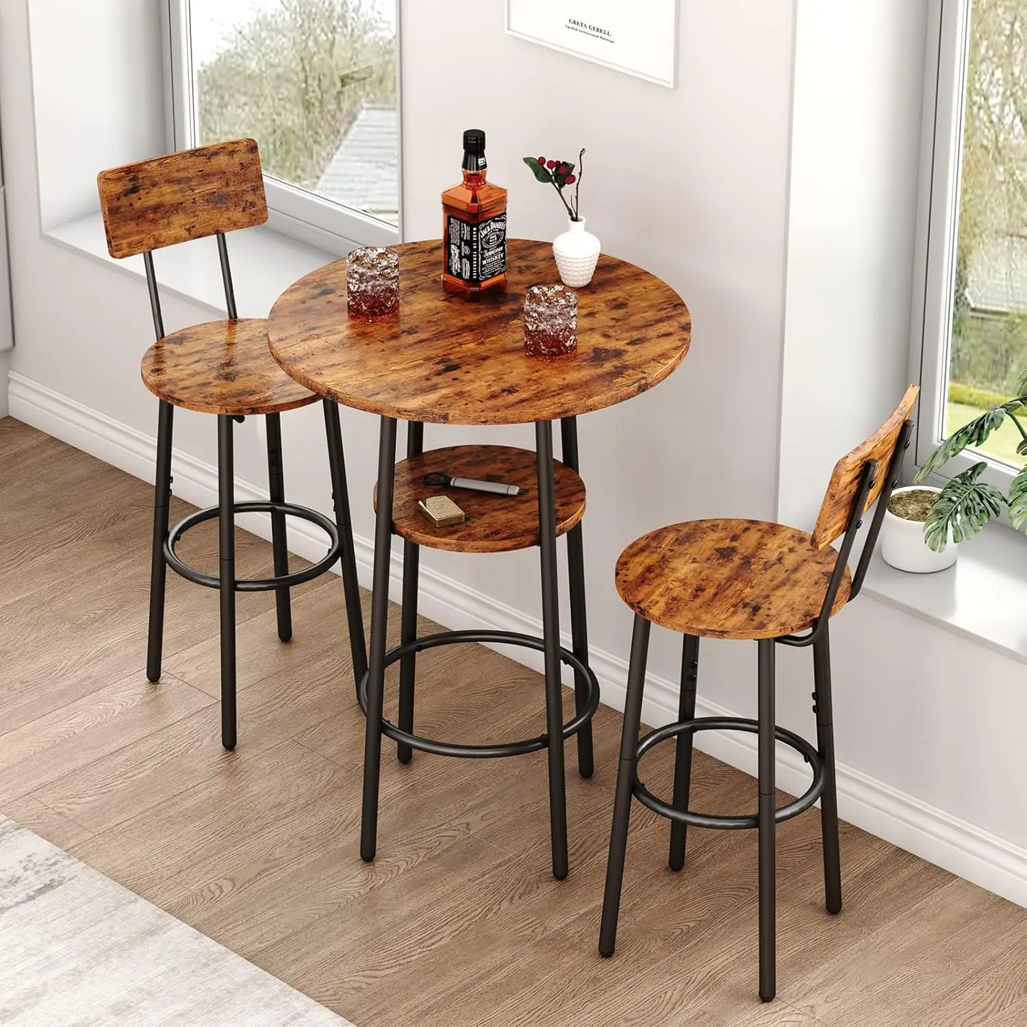 

2-Tier Round Bar Table & 2 Stools Set Counter Height Pub Bistro Kitchen Dining Nook 3 Piece Rustic Brown, Customized
