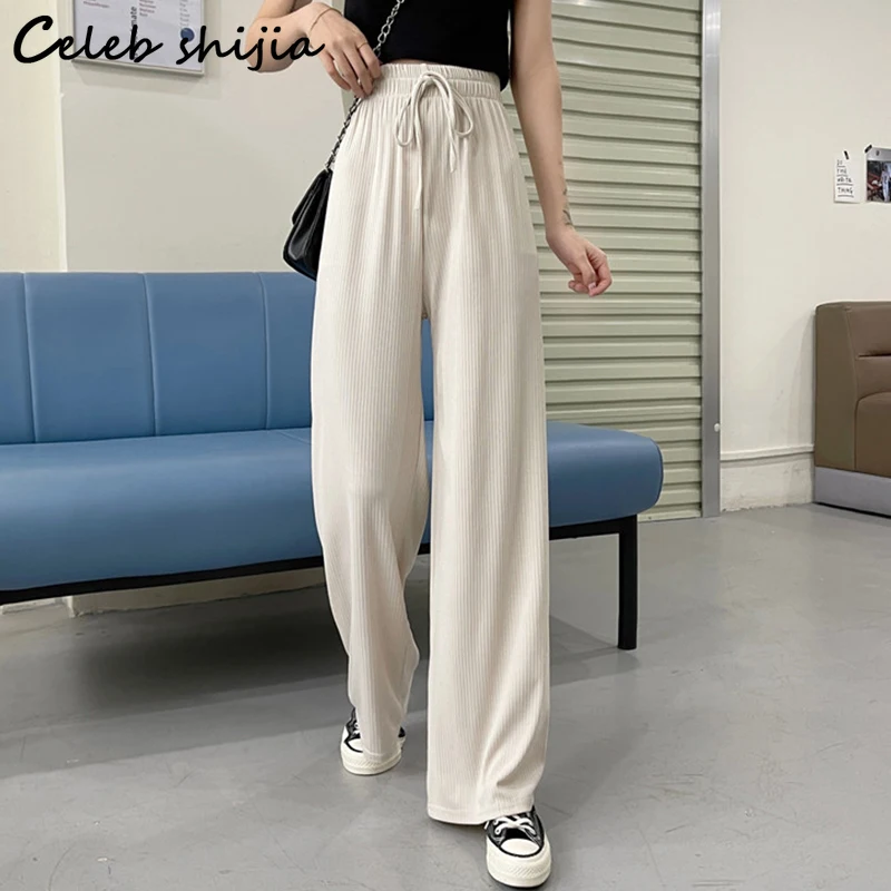 

2023 Summer Chic Pants Women Elastic Waist Lace-up Wide Leg Pants Women Bottoms Korean Fashion Street Apricot Pant Straight