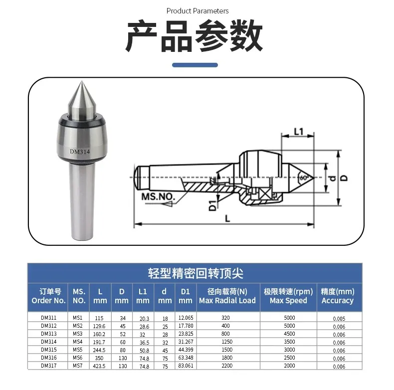 Precision lightweight rotary center DM312 313 314 315 Morse 234 CNC lathe tailstock live center