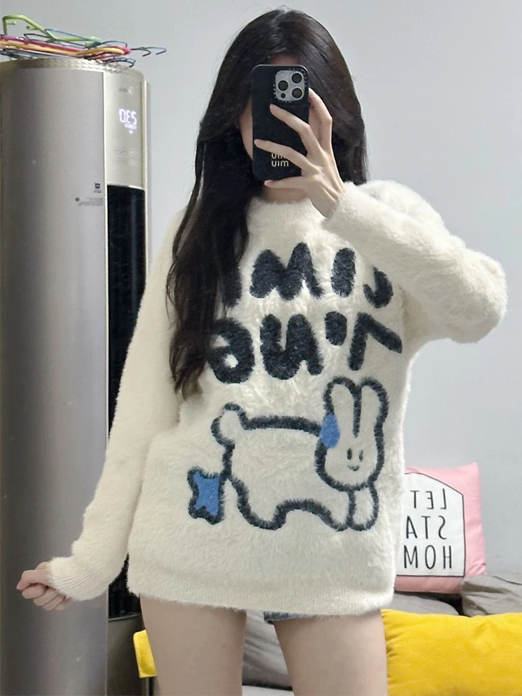 

KING BRAND Autumn Winter Cute Cartoon Rabbit Embroidered Sweater Casual Women's Knitted irt Trendy All-Match round Ne Swe...