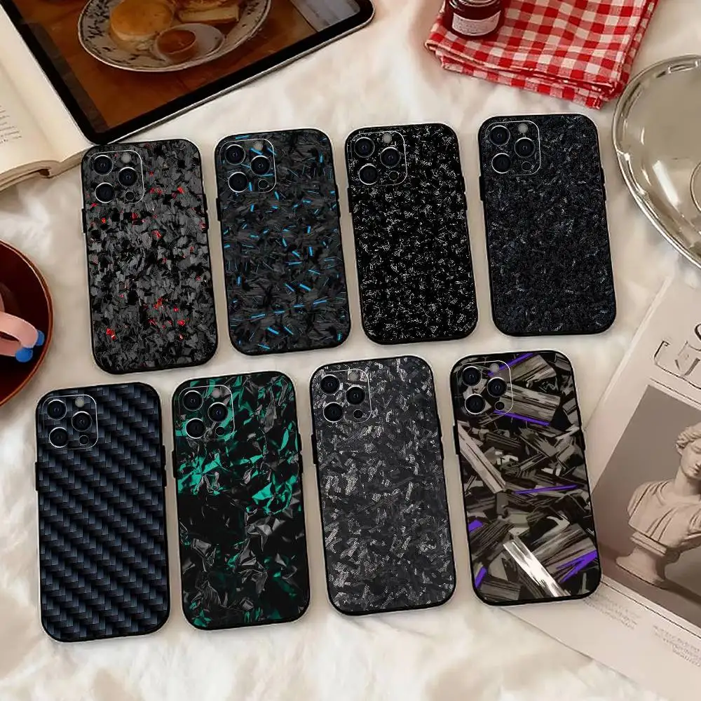 Forged Carbon Fundas-t Phone Case For iPhone 17,16,15,14,13,12,11 Plus,Pro Max,XS,Soft Silicone Black Cover