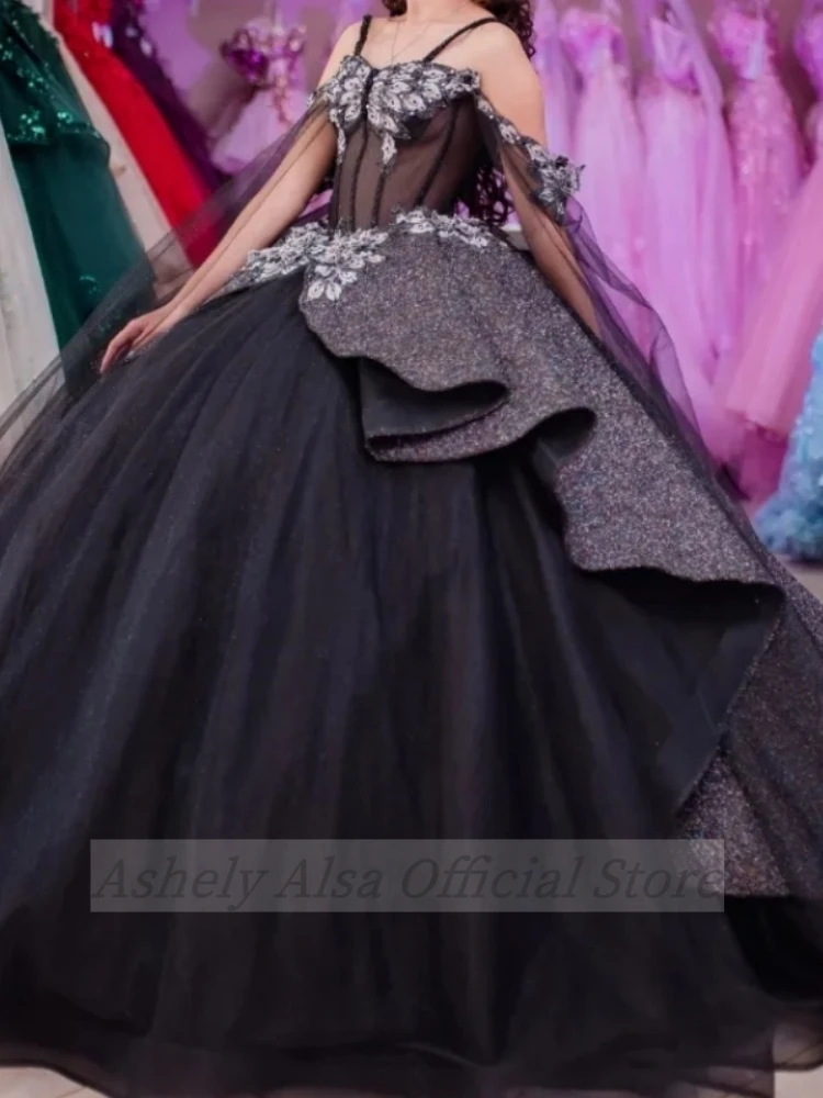 Vestido De quinceañera negro personalizado con hombros descubiertos, corsé, desfile, encaje De flores, dulce 16 15, ropa para fiesta De graduación, Vestidos De XV Anos