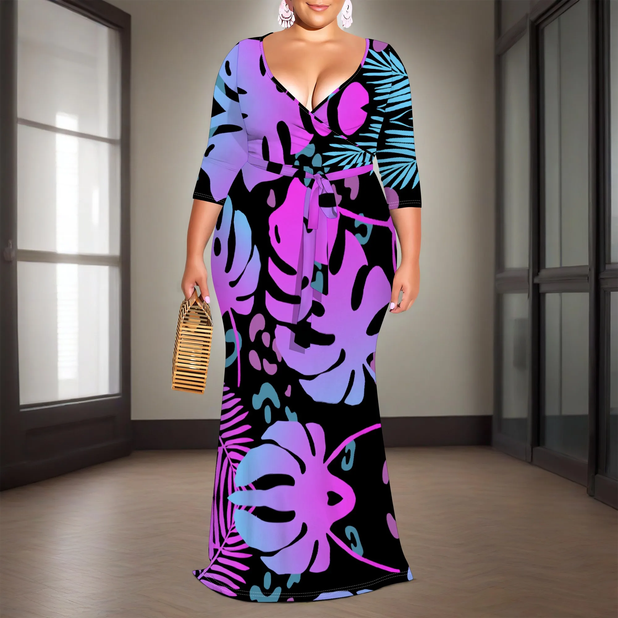 

Purple Blue Tropical Leaf Print Plus Size Dress XL‑6XL V‑Neck Wrap Style with Belt & 3/4 Sleeves for Summer Party or Cruise Look