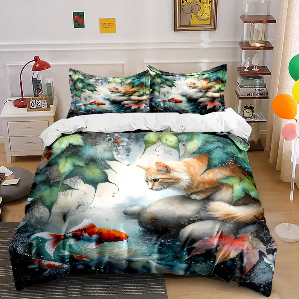 Cat watching koi pond Print Soft Comfortable Duvet Cover Bedding Set Included 1*Duvet Cover  2*Pillowcases Luxury gifts
