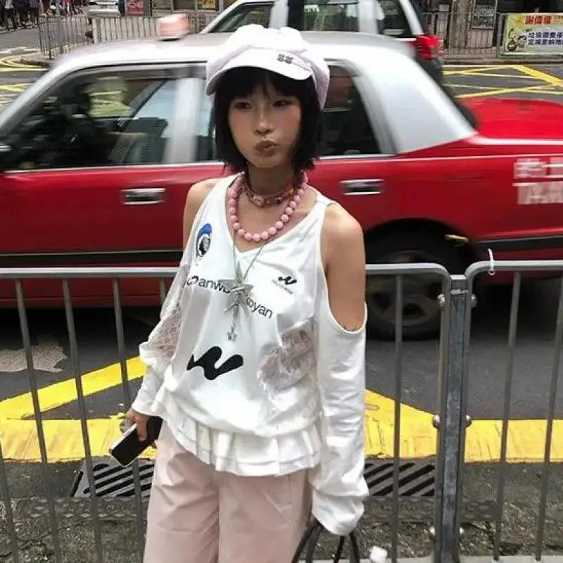 

Y2k топы в стиле гранж, женские топы с открытыми плечами и графическим принтом, уличная одежда, свободные японские повседневные футболки 2000-х годов, осень для девочек