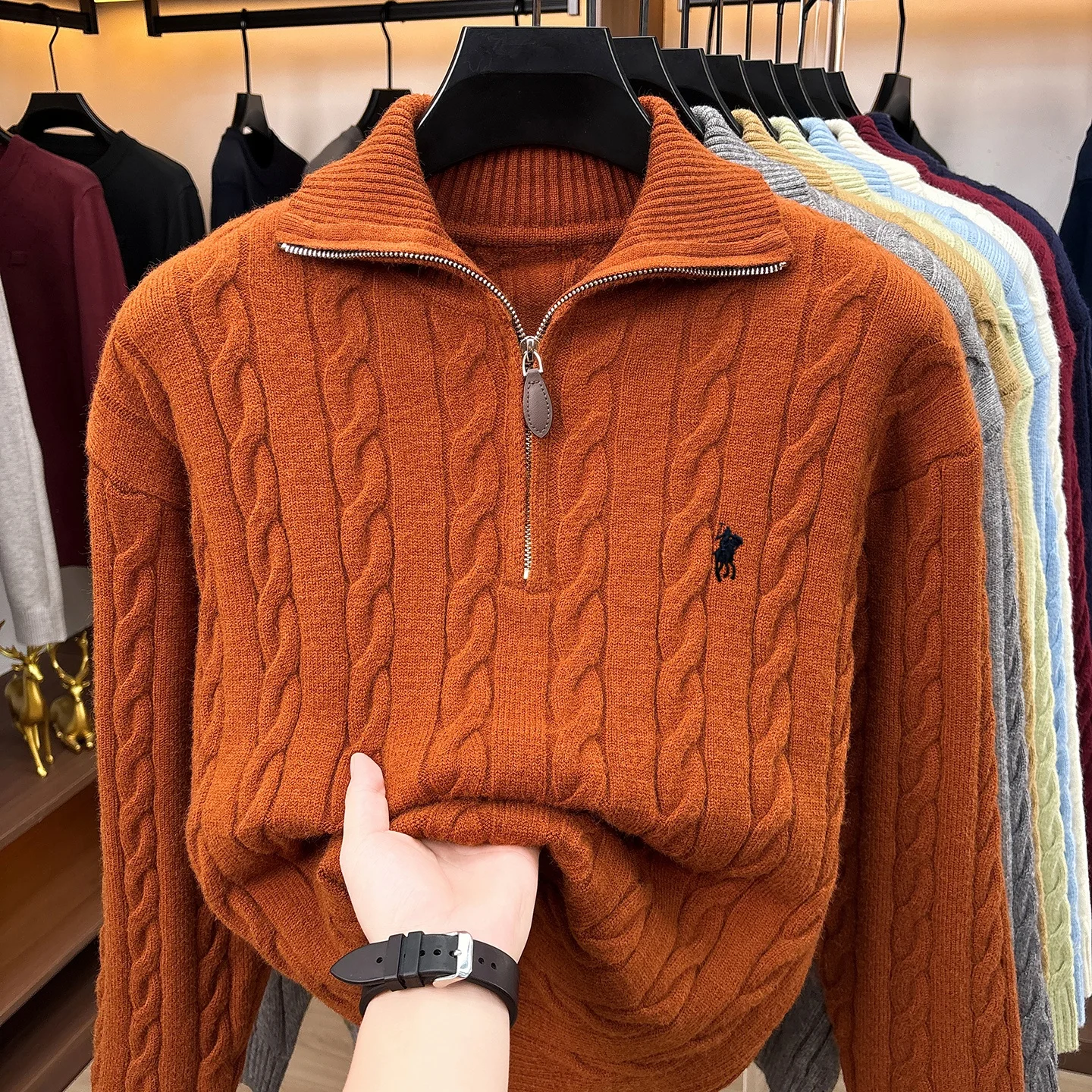 Mode Hochwertige Pullover Männer Luxusmarke Klassischer Stil Paul Pony Stickerei Winter Vintage Neue Dicke Warmwarmabdeckung Reißverschluss Kragen Stricken Sweater – Detail 22