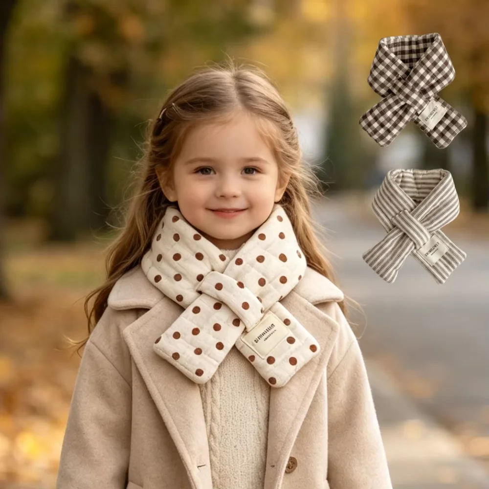 Cute Quilted Cotton Cross Wrap Scarf 3 Colors Warm Neckerchief Striped Plaid Children Scarf Girls