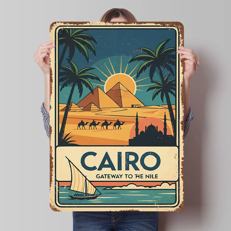 Cairo Travel: Póster impreso con pirámides y Nilo, arte de pared retro personalizado, letreros de metal vintage para decoración del hogar y salas de juegos