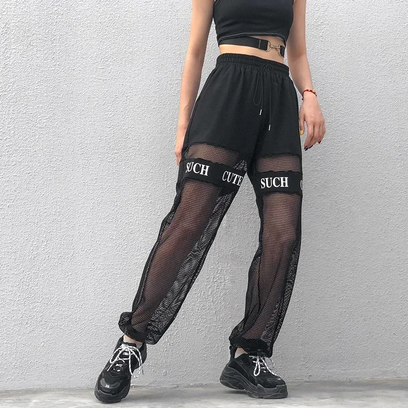 2023 Sweatpants Trousers Women's Sports High-waisted Trousers Fishnet Streetwear Loose Patchwork Letter Cutout Mesh Pants Bottom