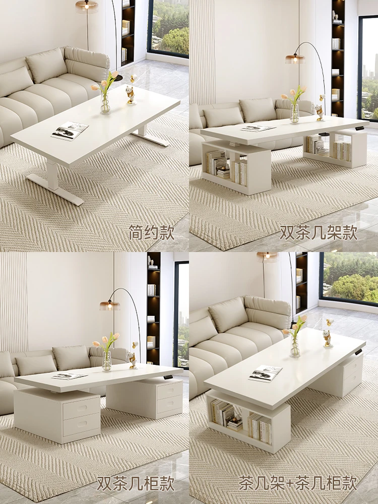 

White solid wood intelligent electric lifting coffee table dining table dual-purpose living room household small apartment tea t