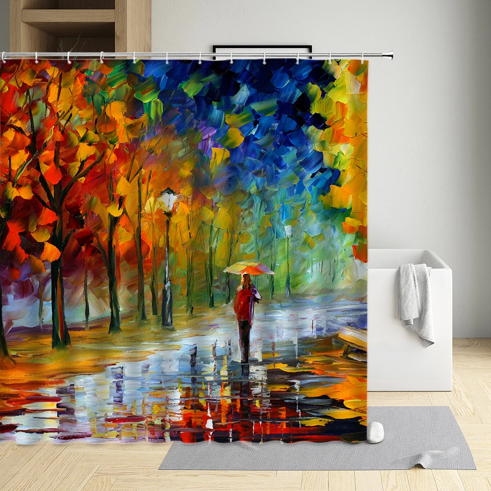 

Oil Painting Geometric Landscape Modern Eco-Friendly Fabric Polyester Waterproof Cloth Curtain Bathtub Decor Bath Screen