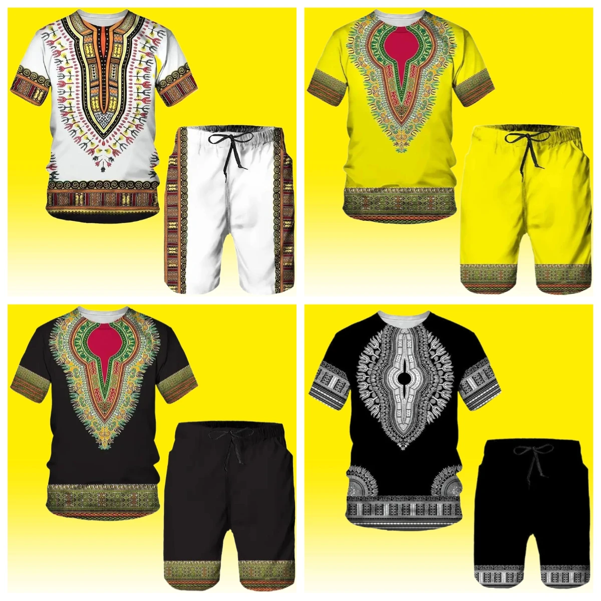 

New Set 3D Printed Retro Ethnic Men's T-shirt Set Fashionable and Casual Oversized Top Shorts Street Sports Round Neck T-shirt