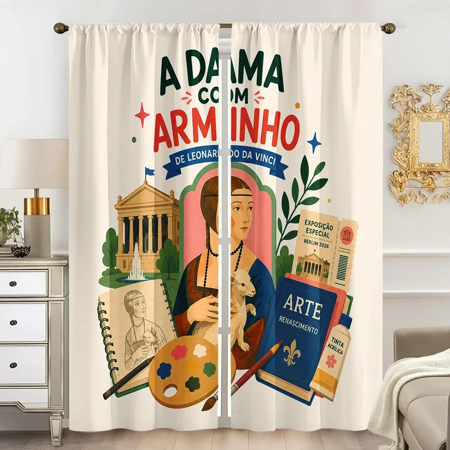 Decorative Renaissance Art Curtain 2pcs Pair Leonardo Da Vinci Museum Print Style Curtains for Home Living Room Decor