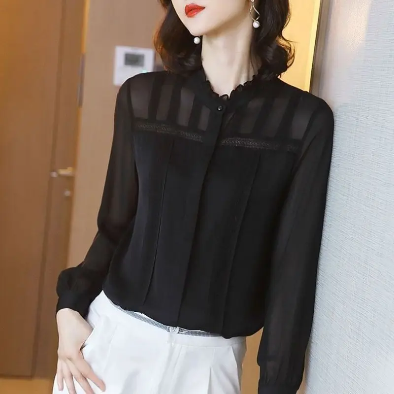 Elegant Fashion Lace Patchwork Solid Chiffon Shirt Spring 2022 Office Lady Stand Collar Long Sleeve Slim Blouse Women\'s Clothing