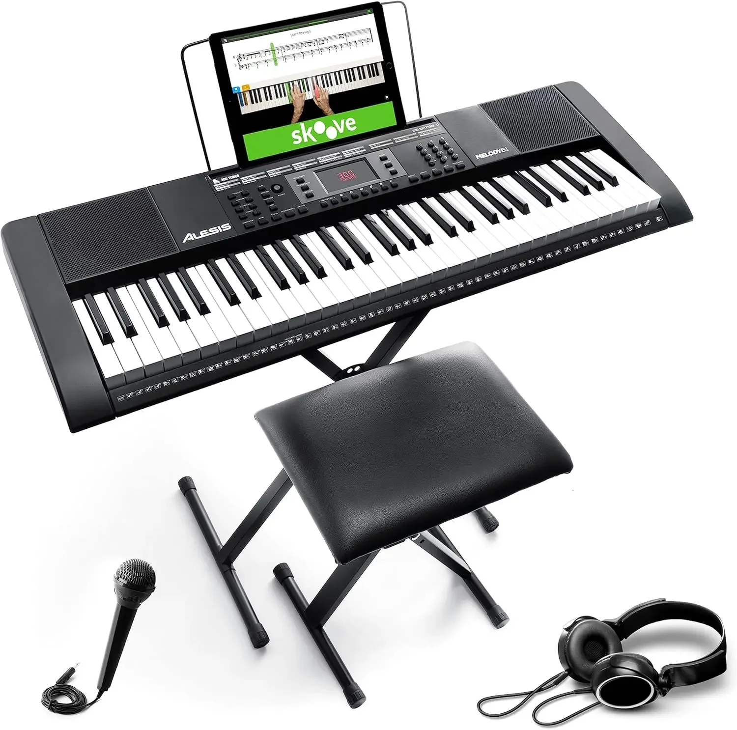 Piano com teclado de 61 teclas para iniciantes com alto-falantes, suporte, banco, fones de ouvido, microfone, partituras