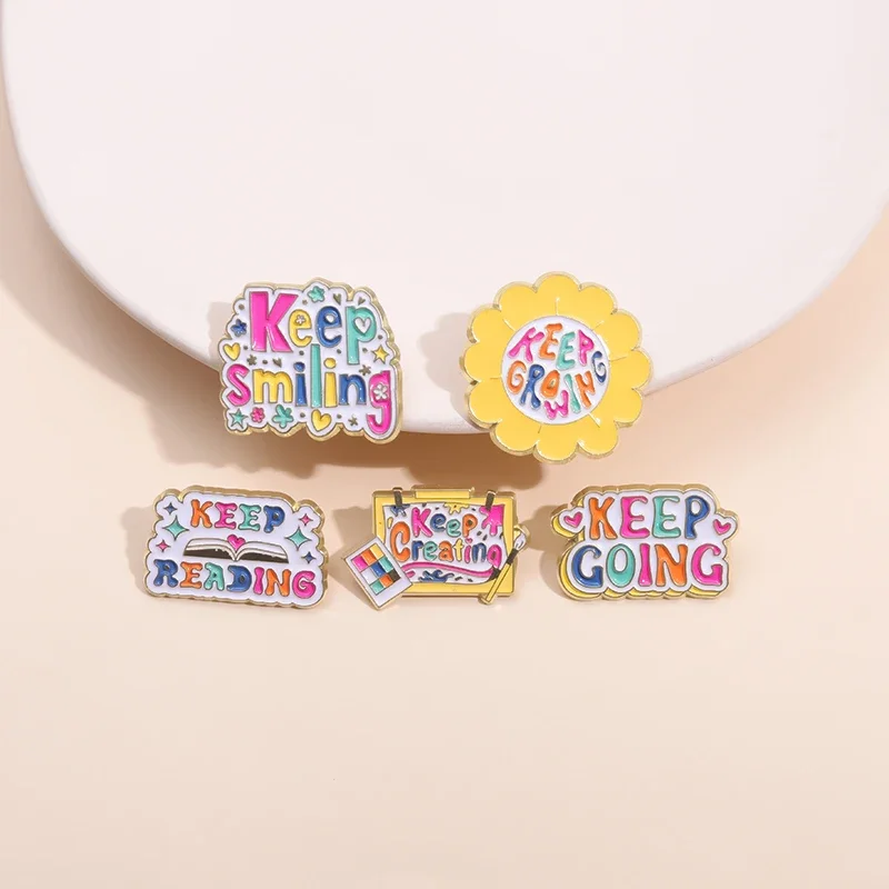 Keep Growing Smiling Reading Creating Enamel Pins Inspiring Rainbow Quotes Brooches Lapel Badge Backpack Wholesale Gift For Kids