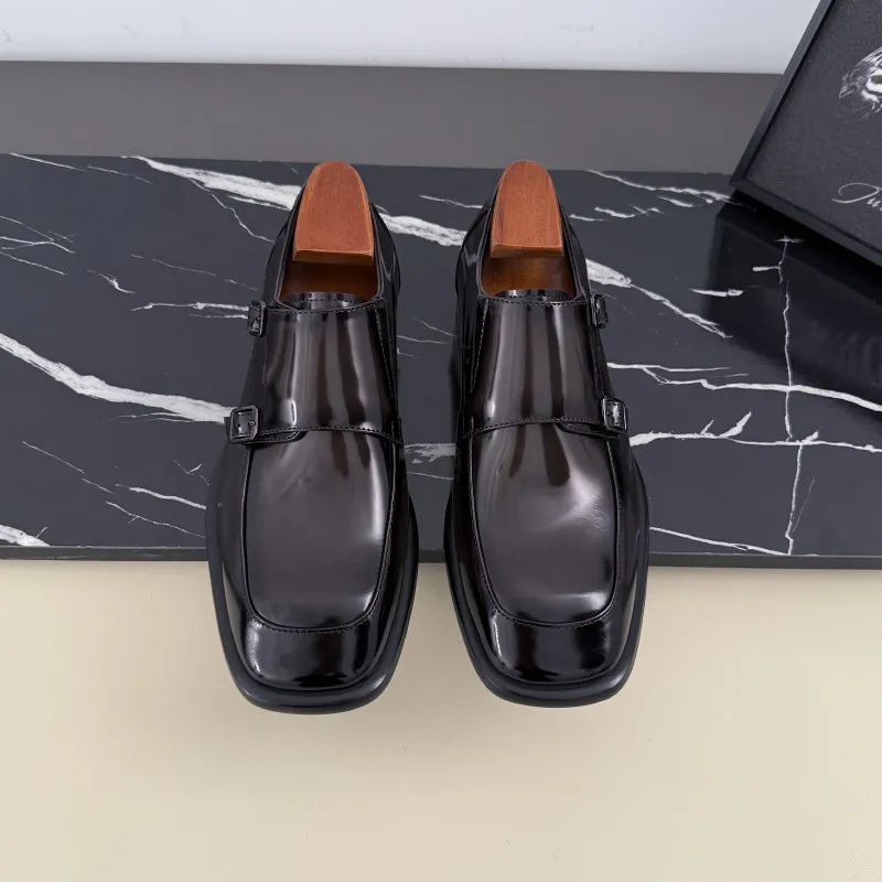 Spring and Autumn New Business Formal High-end Men's Shoes, Leather Square Head Black Double Buckle Casual Fashion Leather Shoes
