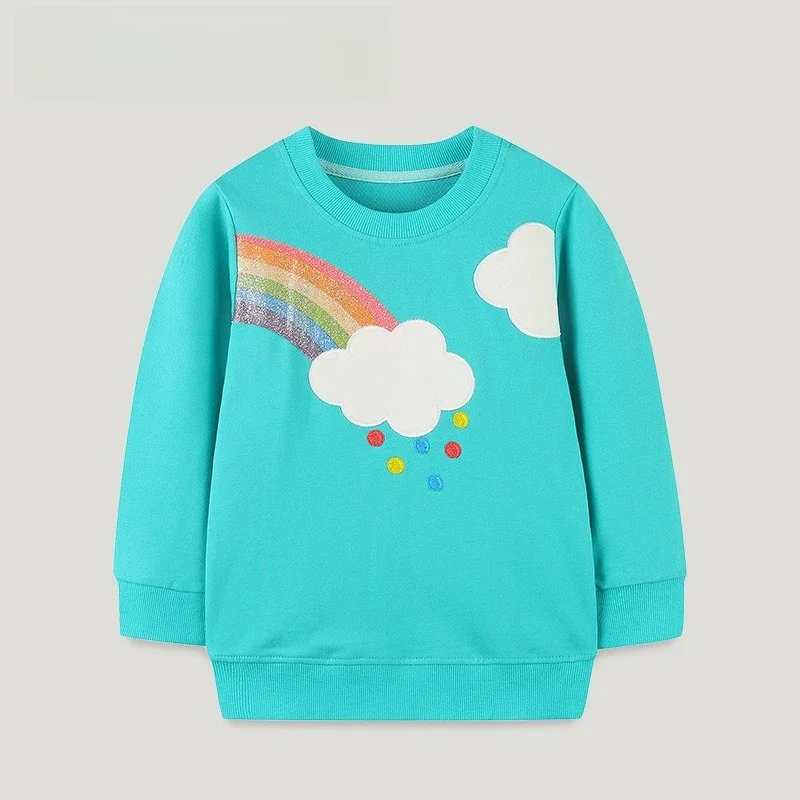 

Rainbow Clouds Raindrops Pattern Print Children Casual Long Sleeves Casual Top Daily Wear Kid Girl Playful Turquoise Sweatshirt