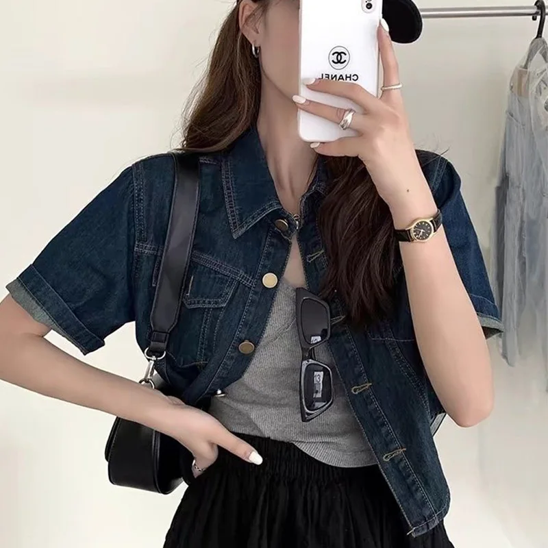 

Ретро Гонконг Sle ort Sve Denim irt Jaet Женский свободный открытый кардиган ort Top Лето Новое поступление Полиэфирное волокно...