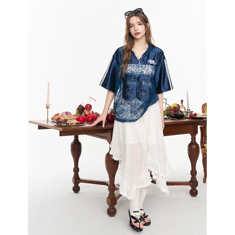 ELFSACK Lace Hooded Jersey T-shirt, Sporty Number 66 Print Top, Casual Short Sleeve Loose Tee for Women