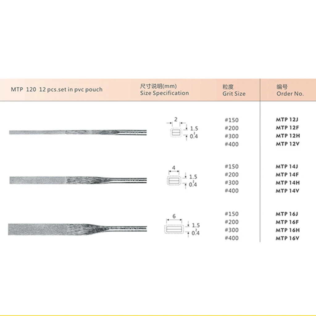 3mm Shank Pneumatic Ultrasonic Diamond Flat File MTP-120 Mechanical File  For Mold Polishing Tapered Hand File Set