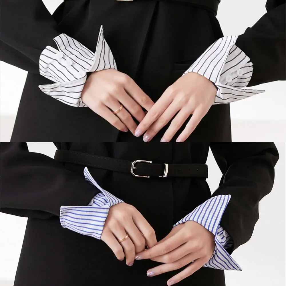 Tirantes falsos desmontables con rayas azules y blancas, botones, manga suave y acogedora para el brazo, exhibición de Arte de uñas para adolescentes y mujeres, mangas decorativas para la muñeca