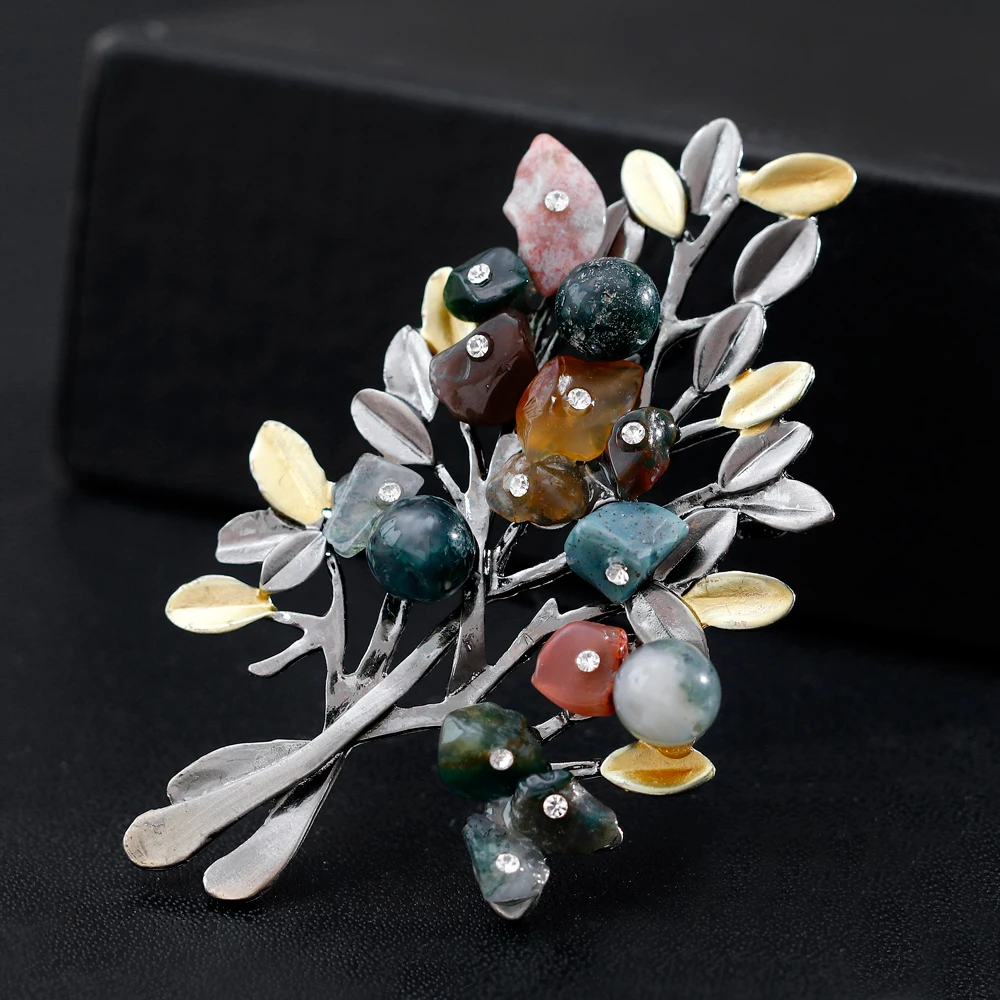 Women Retro Natural Stones Tree Brooches Pearl Stone Leaf Big Brooch Jewelry Accessories Clothing Wholesale New Arrival